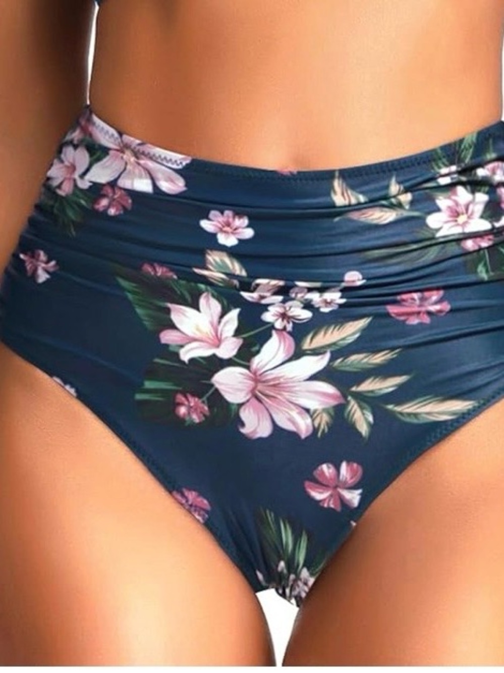 High-Waist Floral Bikini Bottom in Navy